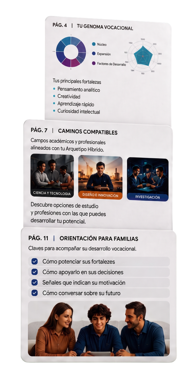 Páginas interiores del Informe del Genoma Vocacional: Pág 4 Genoma, Pág 7 Caminos Compatibles, Pág 11 Orientación para Familias